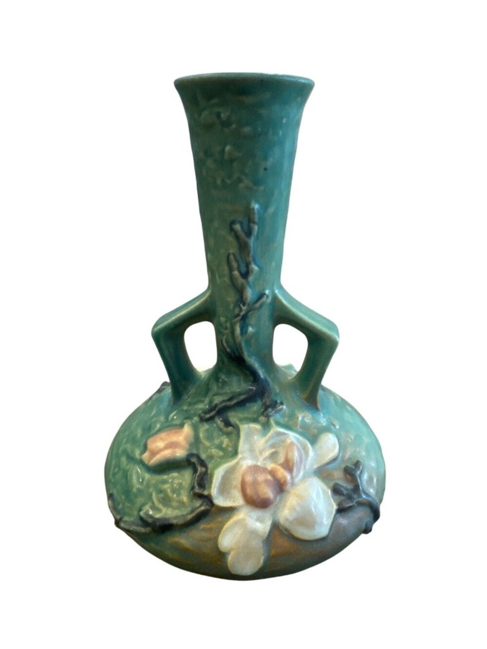 Roseville Magnolia 179-7" Green Ceramic Double Handle Vase Vintage USA